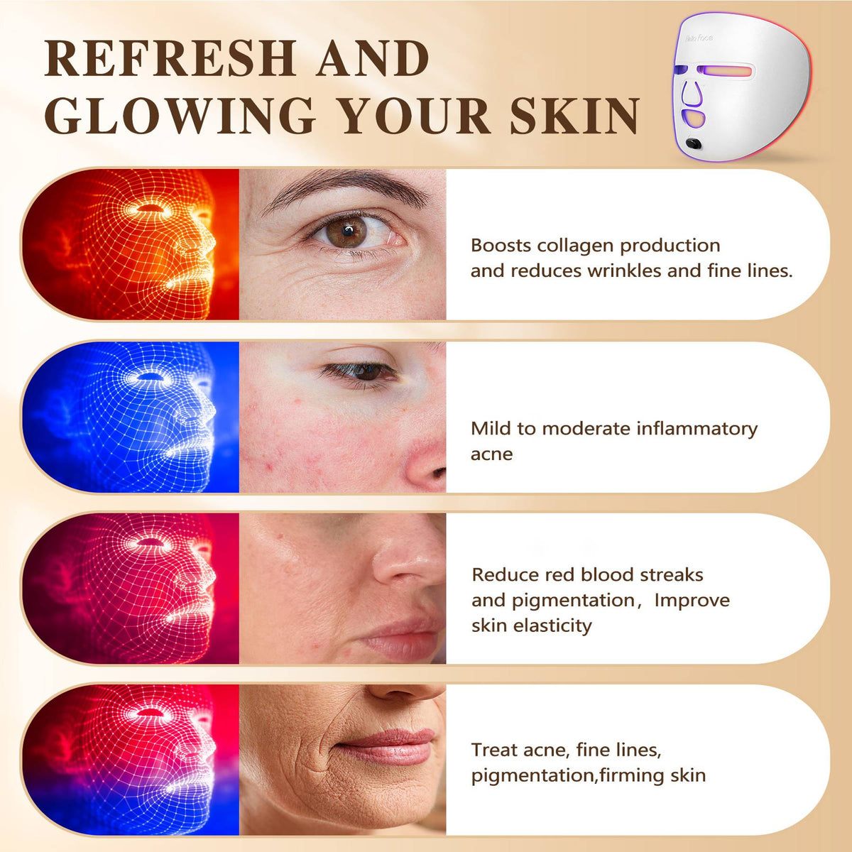 LED face mask with red near-infrared and blue light modes