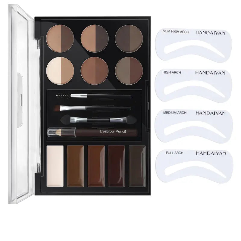 Open eyebrow palette with assorted cream and powder shades beside four eyebrow stencil shapes