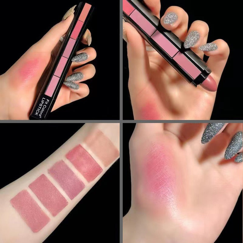 Five soft pink and nude lipstick swatches on skin