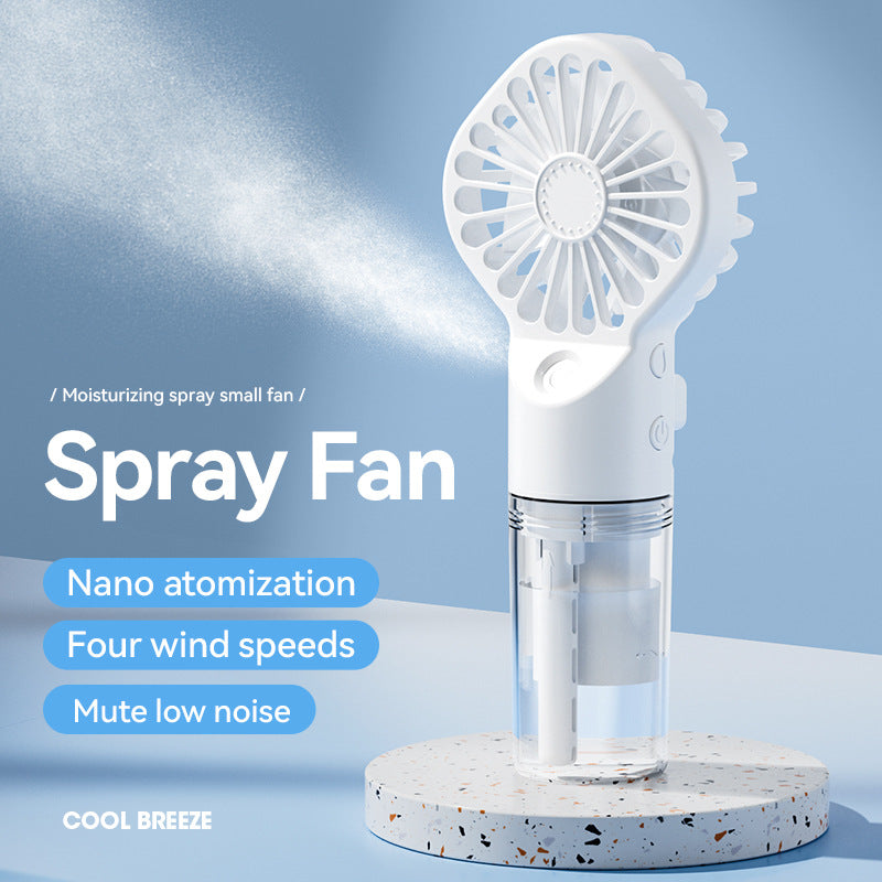 Portable handheld USB rechargeable mist fan with transparent water tank, 4 speed settings, and water spray cooling — YLR Essentials