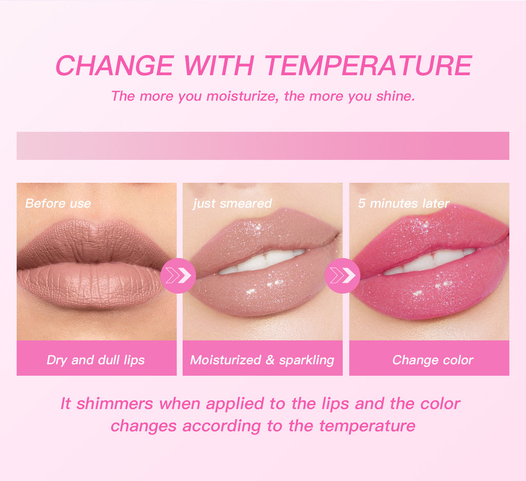 Color-changing lip oil with glossy pink finish