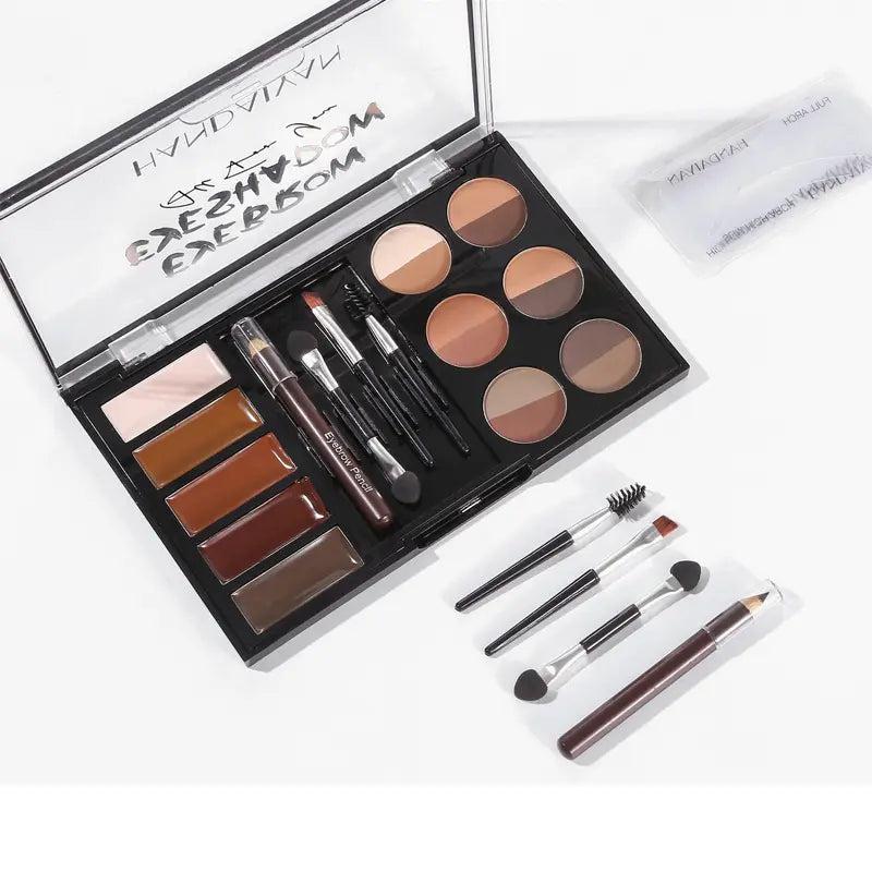 Black eyebrow makeup palette opened with pencil, brushes, applicators and brow colors