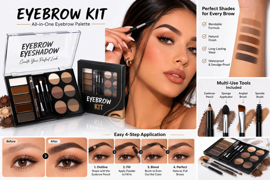 Eyebrow cream and powder palette kit with model, brow shades, tools and four-step application guide