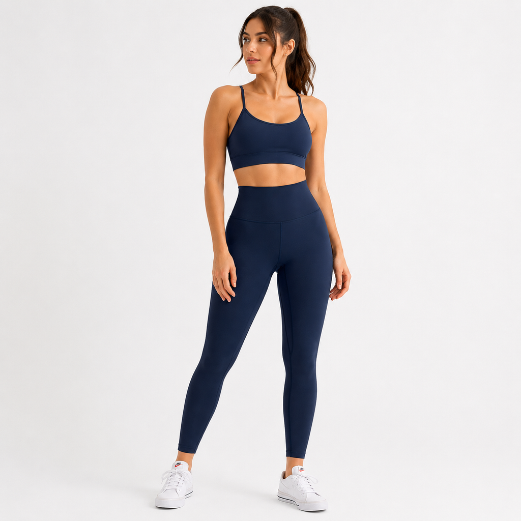 Women's high-waist butt-lifting yoga pants in navy blue front view – YLR Essentials