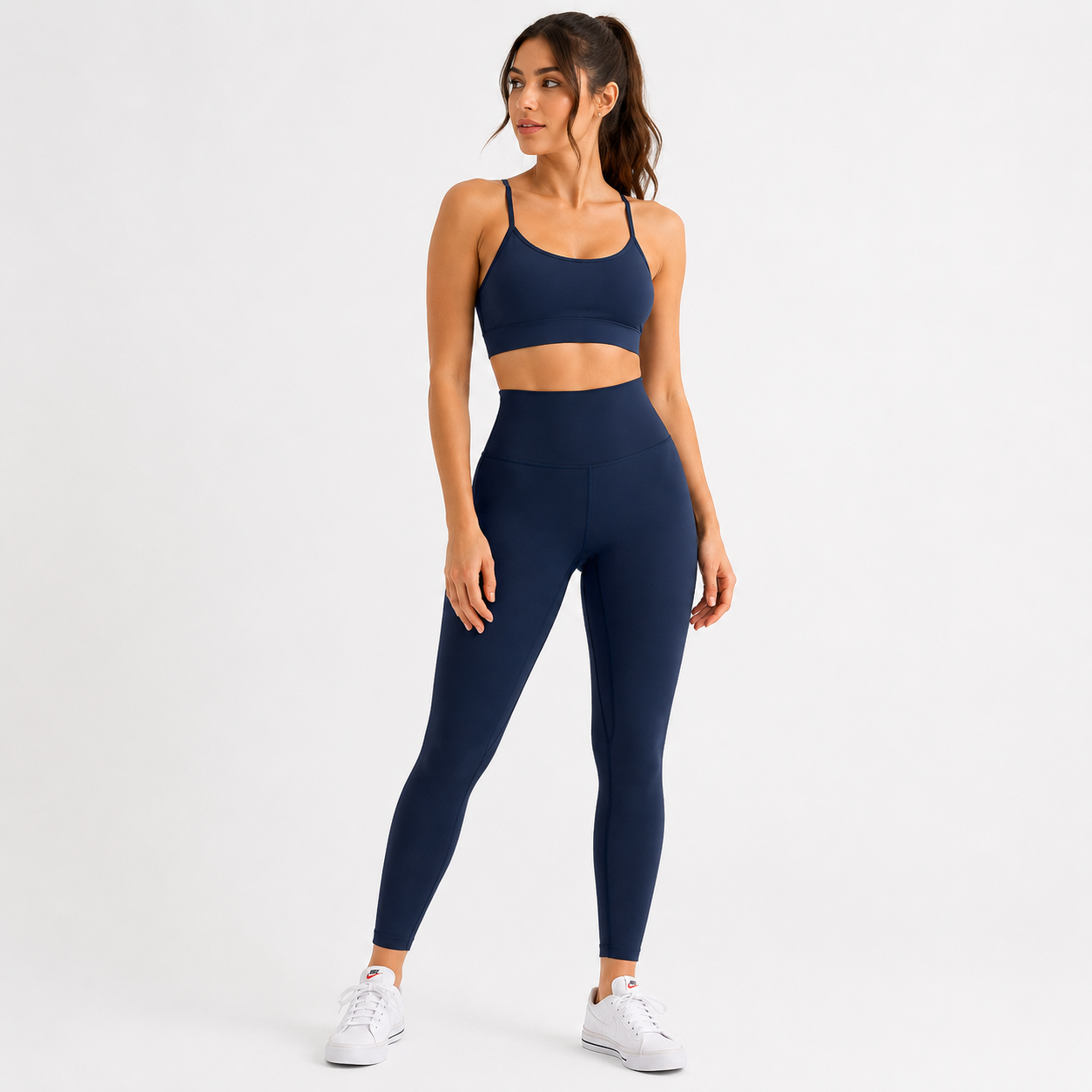 Women's high-waist butt-lifting yoga pants in navy blue front view – YLR Essentials