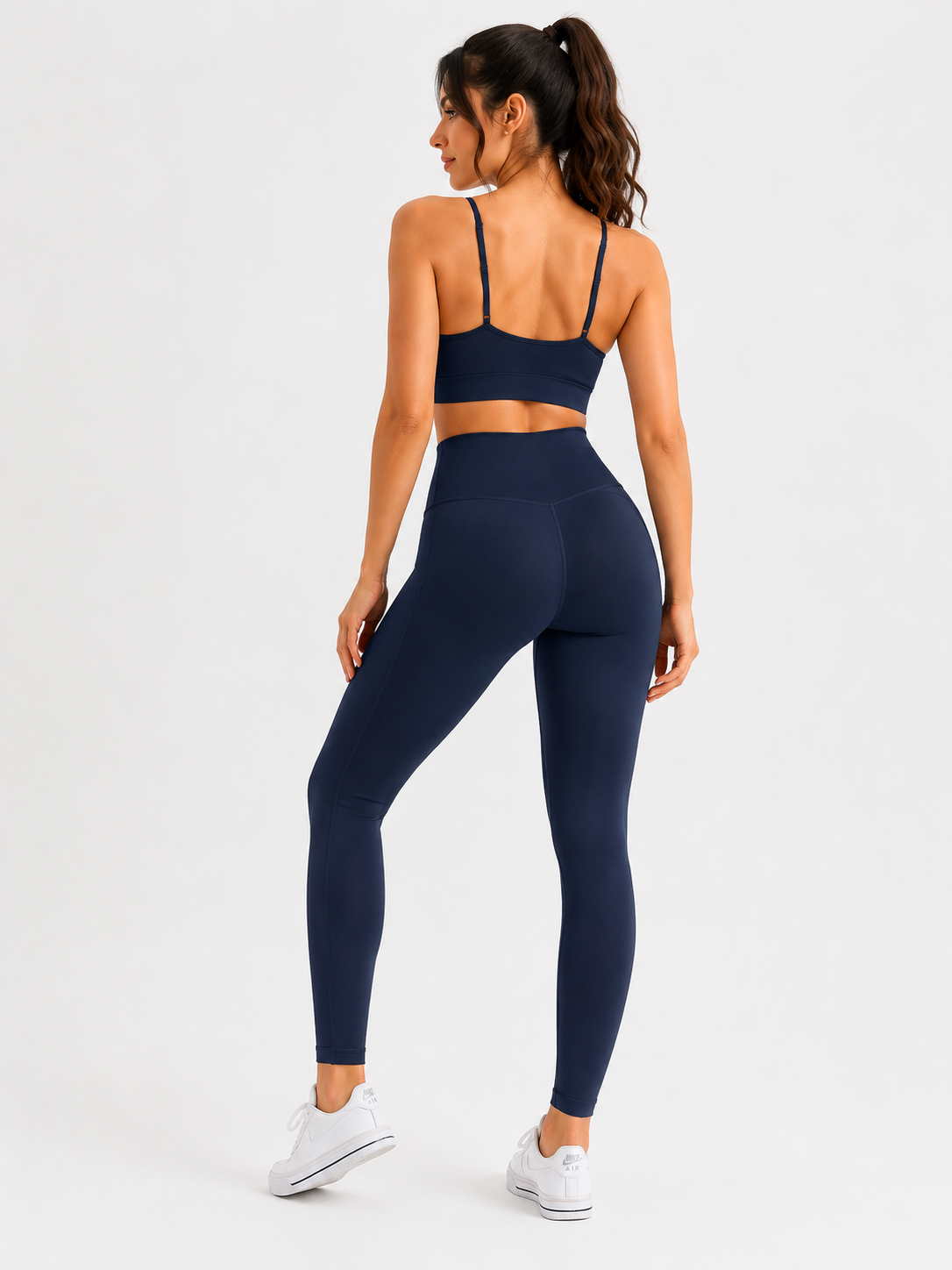 Women's high-waist butt-lifting yoga pants in navy blue front view – YLR Essentials