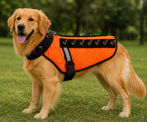 Orange spiked dog vest harness with reflective strip on Golden Retriever in park side view – YLR Essentials