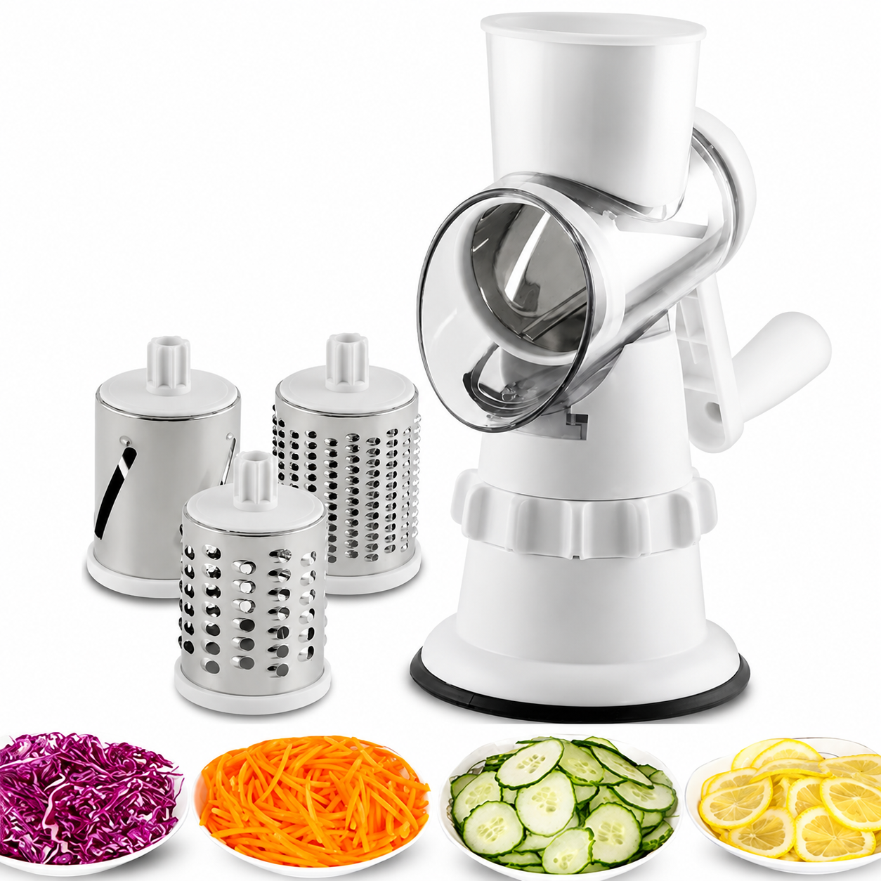 3-in-1 manual rotary vegetable slicer with interchangeable stainless steel drum blades suction base and BPA-free design | YLR Essentials