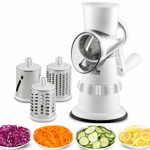 3-in-1 manual rotary vegetable slicer with interchangeable stainless steel drum blades suction base and BPA-free design | YLR Essentials