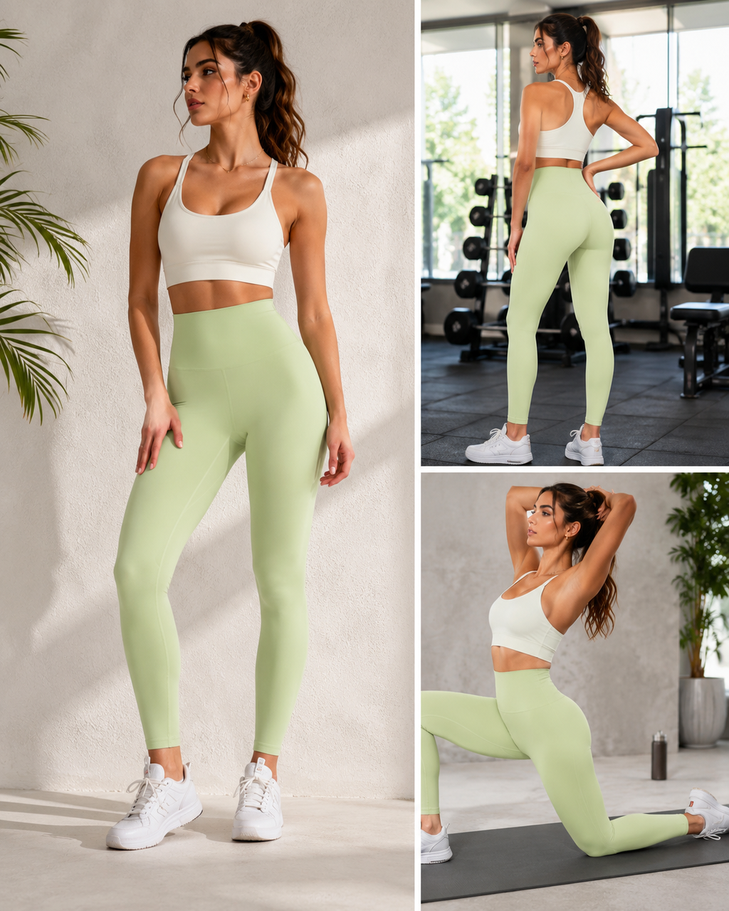 Women's high waist butt-lifting yoga pants in light green shown front back and workout pose in gym – YLR Essentials