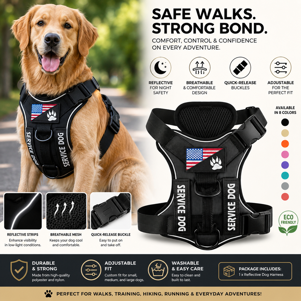 Reflective no-pull dog harness infographic showing golden retriever wearing black service dog vest with reflective strips breathable mesh quick-release buckles available in 8 colors – YLR Essentials