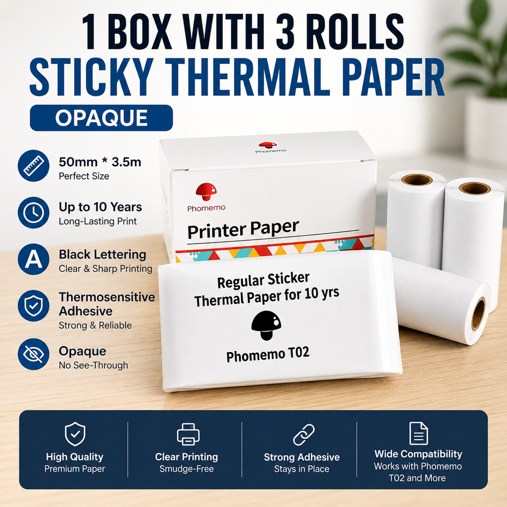 Phomemo T02 regular sticker thermal paper 1 box 3 rolls opaque 50mm 3.5m lasts 10 years black lettering thermosensitive adhesive high quality clear printing strong adhesive wide compatibility – YLR Essentials