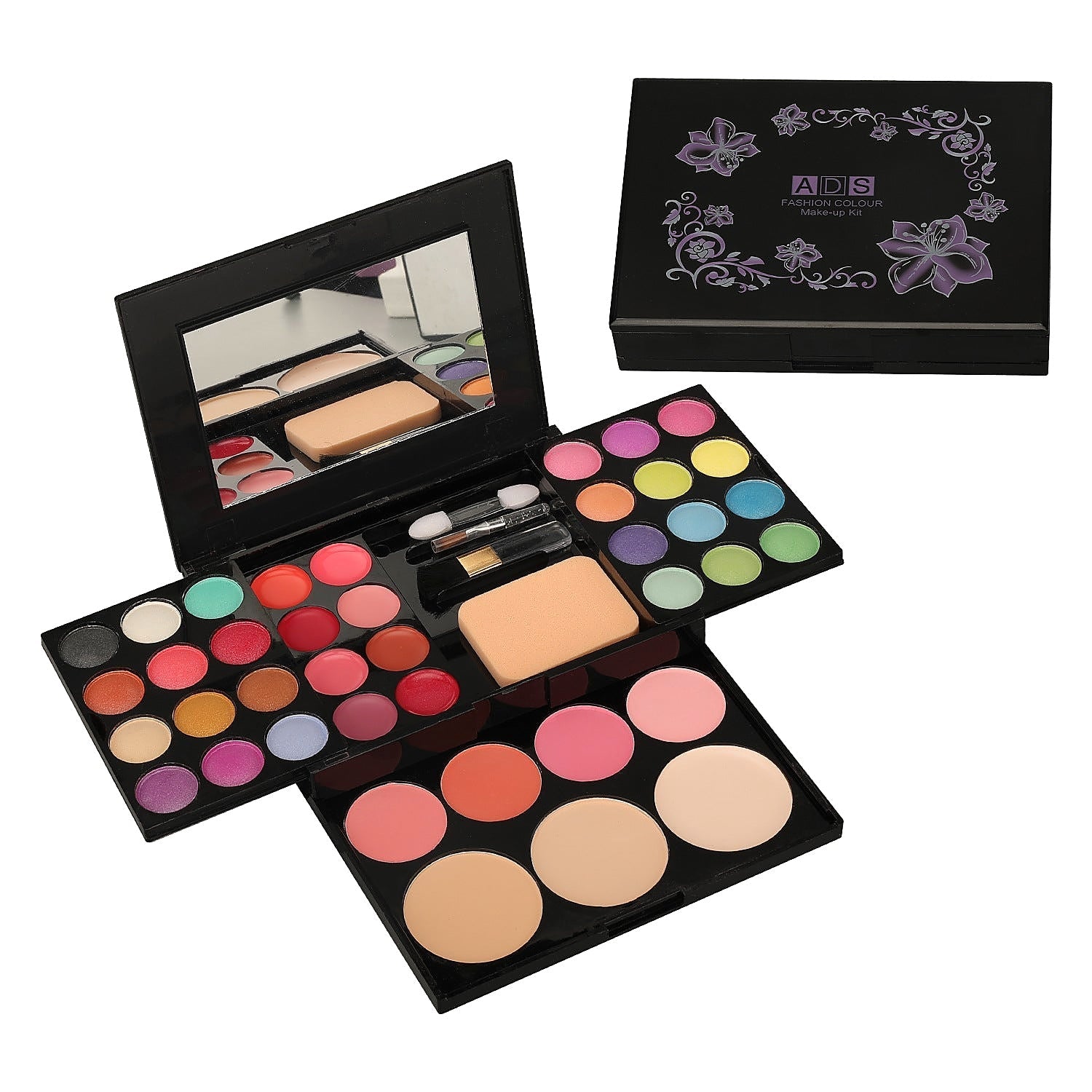 ADS 39-color all-in-one makeup palette fully opened with mirror, applicators and face colors