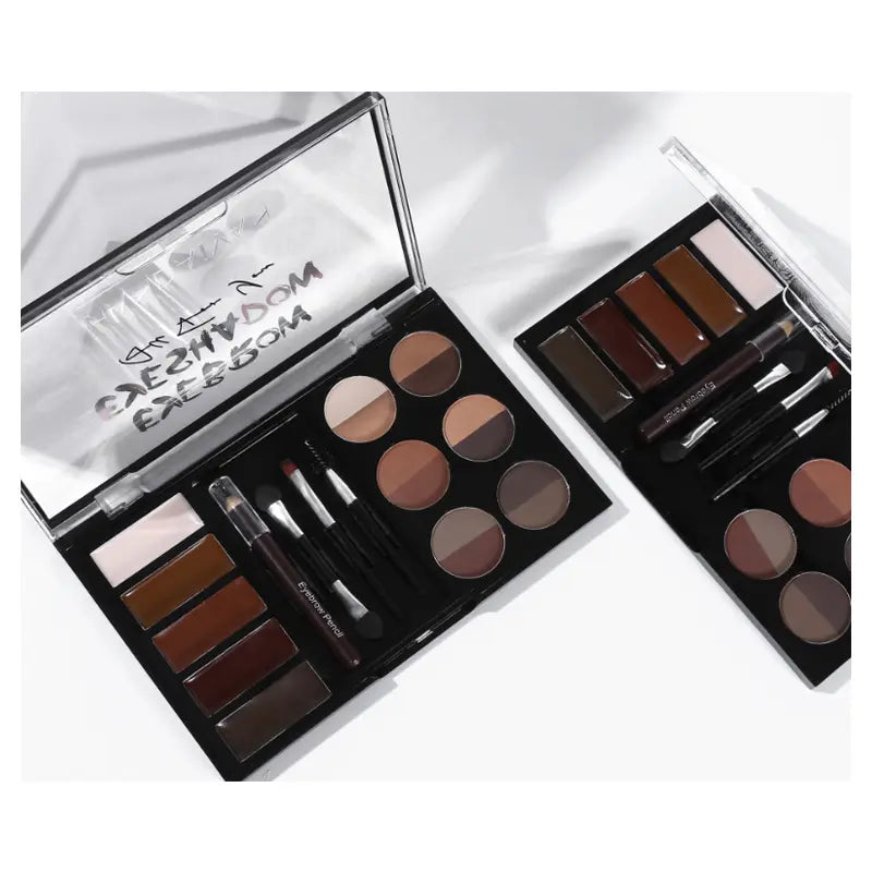 Close-up of open eyebrow cream and powder kit with mirror and makeup tools