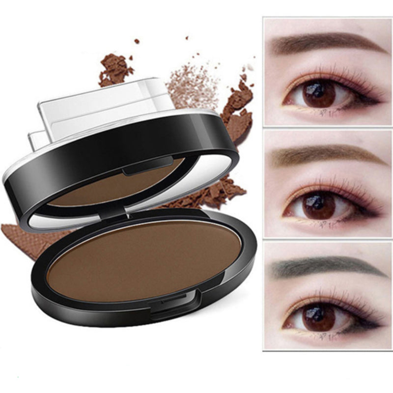 Brown eyebrow powder compact with close-up eyebrow application examples