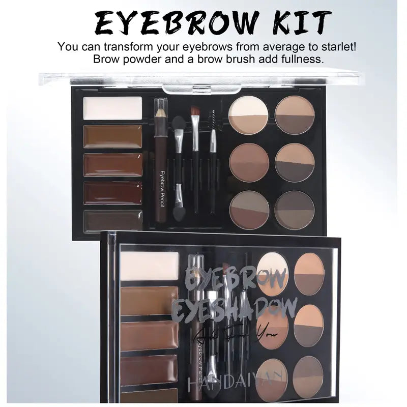 Eyebrow makeup kit packaging and open palette showing brow colors, pencil and brushes