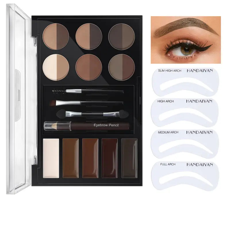 Eyebrow palette displayed with four arch stencils and a finished eyebrow makeup example