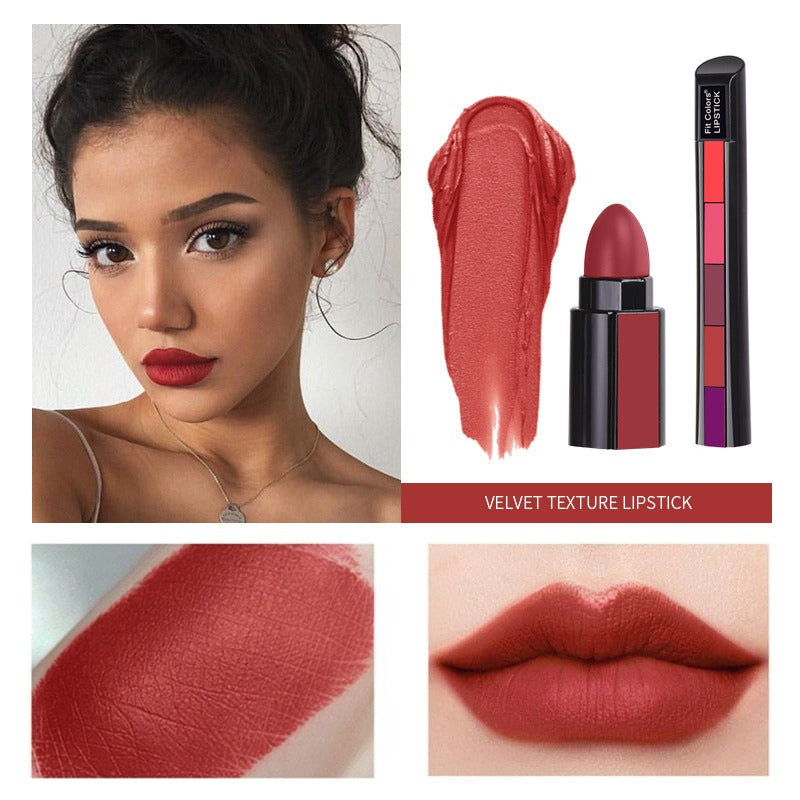 Bold red matte lipstick shade, texture and finished lip look