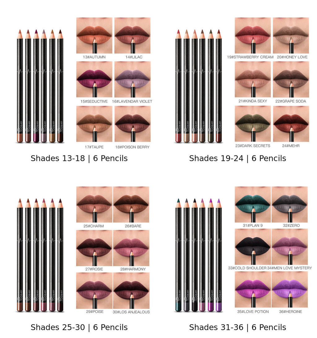 Four available lip liner shade groups, each containing six pencils: shades 13 through 36
