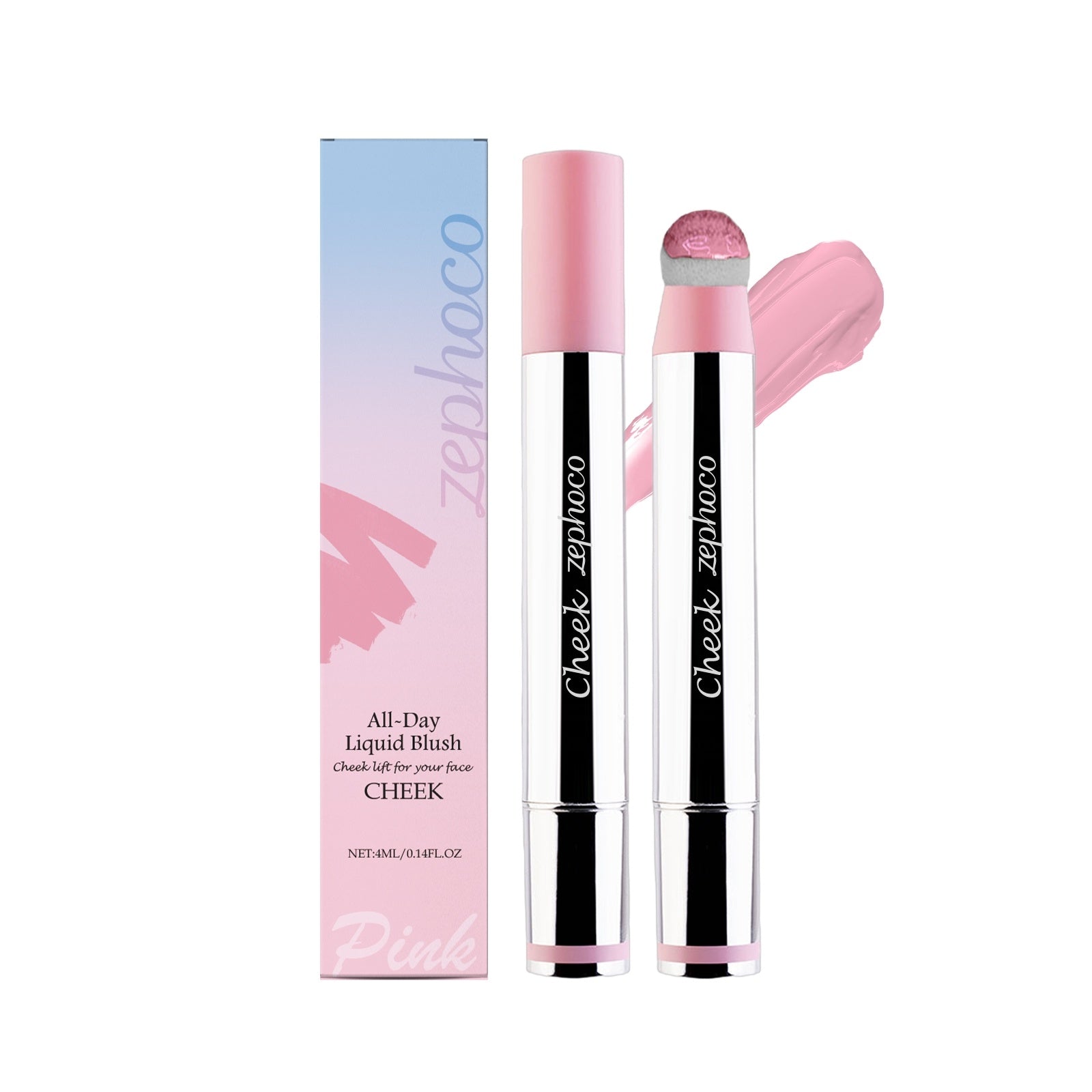 Pink liquid blush with cushion applicator and color swatch