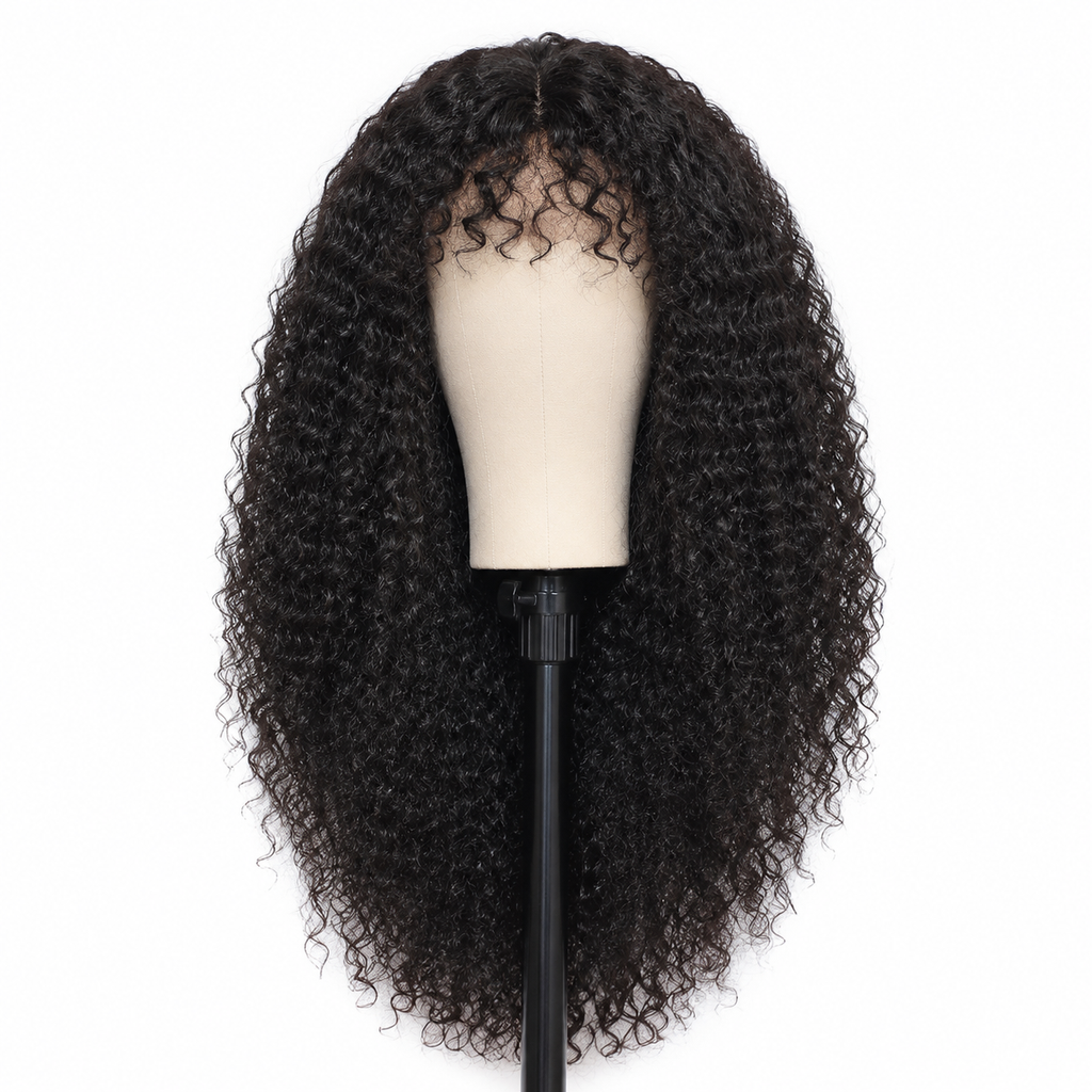 Long curly black wig with bangs on a mannequin