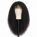Long curly black wig with bangs on a mannequin