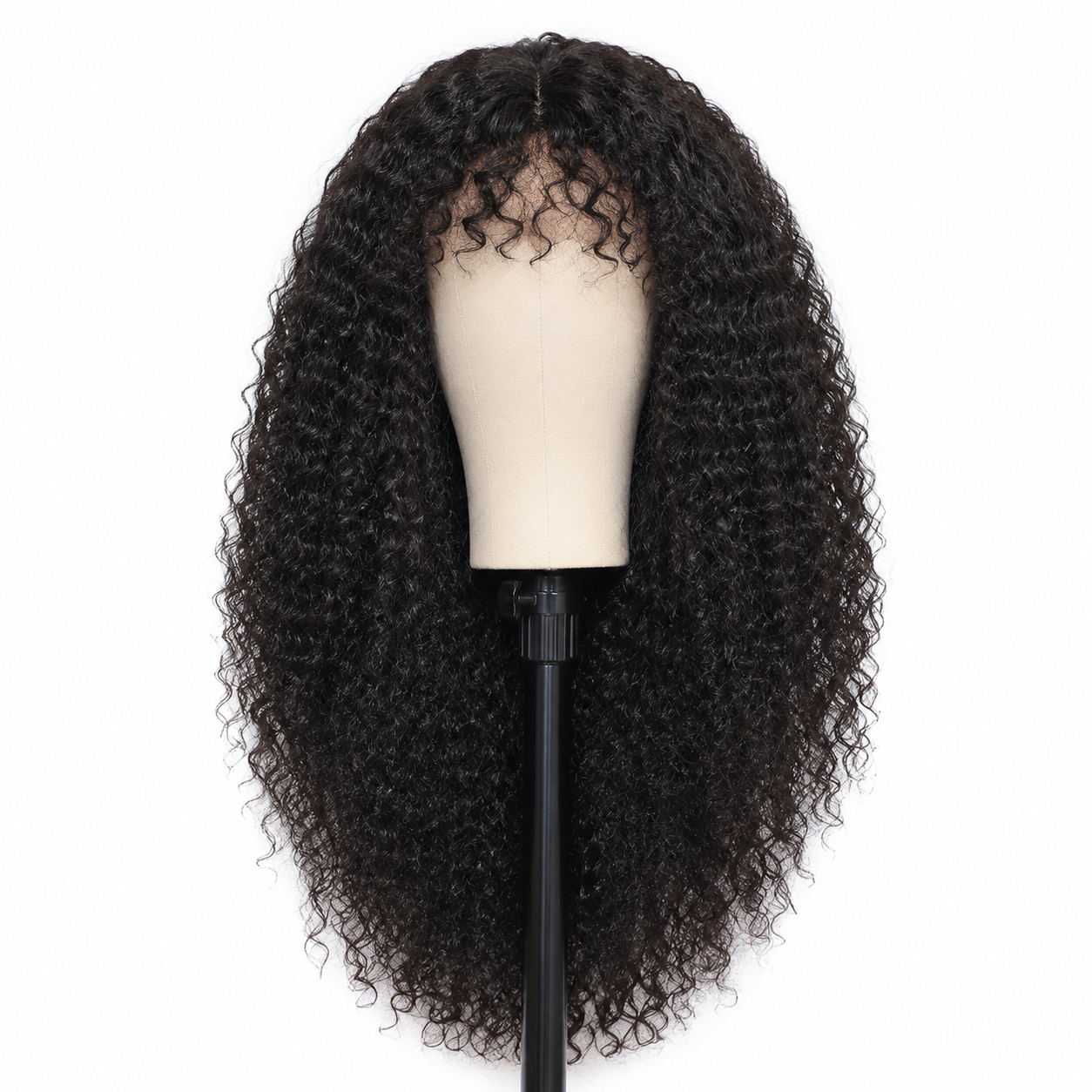 Long curly black wig with bangs on a mannequin