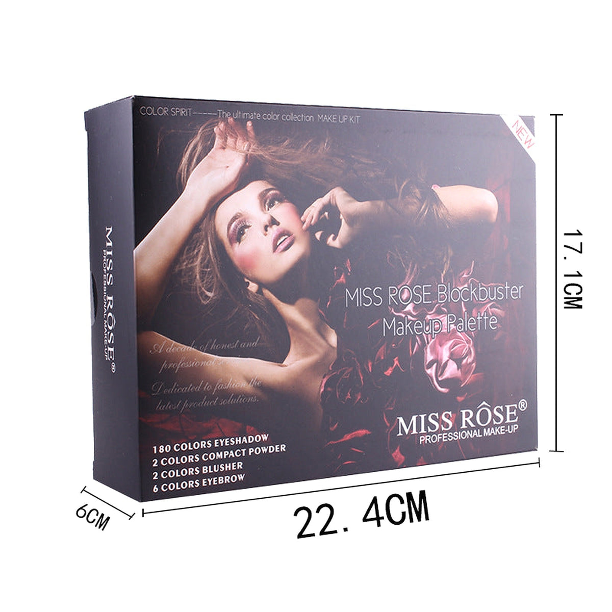 MISS ROSE makeup palette retail box with product dimensions