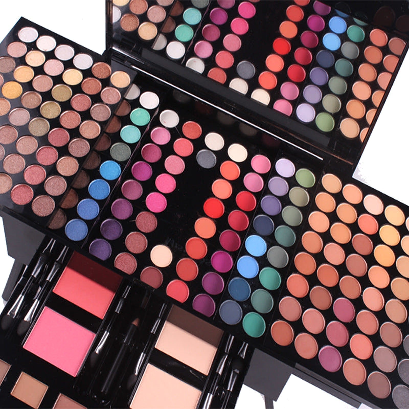 Close-up of MISS ROSE fold-out makeup palette with eye, face and lip colors