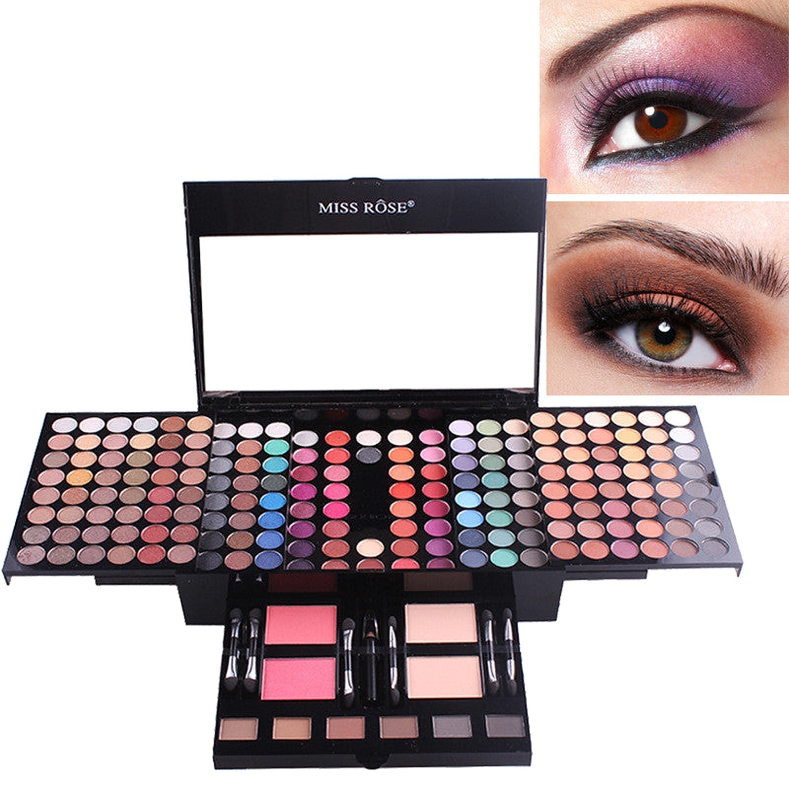 Open MISS ROSE makeup palette with colorful eye looks