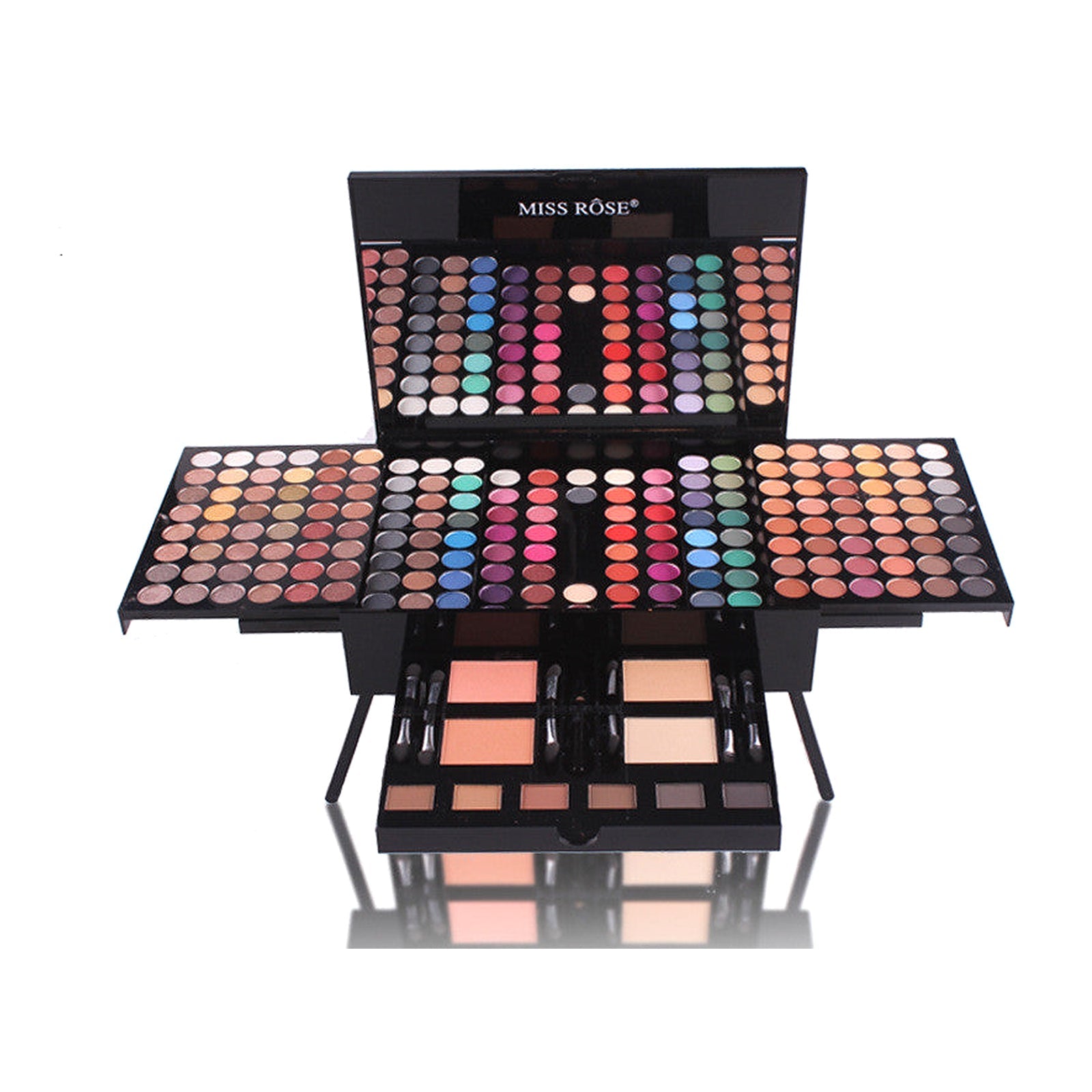 Open MISS ROSE all-in-one makeup palette with fold-out eye face and lip colors