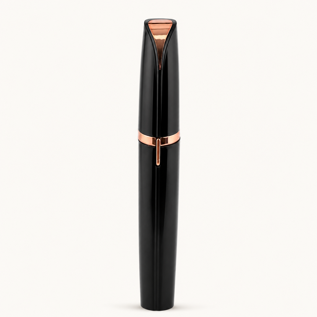 Black electric eyebrow trimmer with rose-gold accents on a warm white background